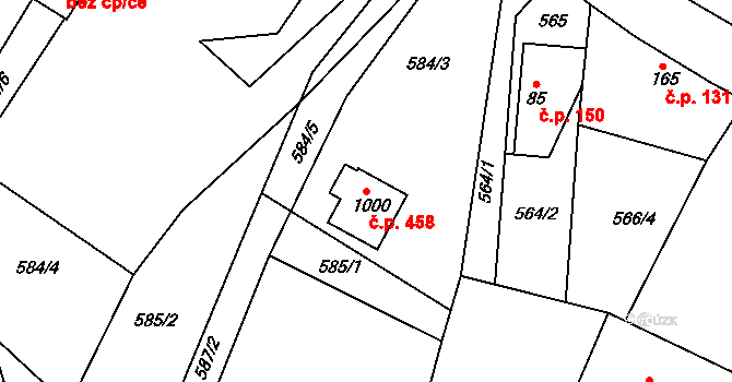 Raškovice 458 na parcele st. 1000 v KÚ Raškovice, Katastrální mapa