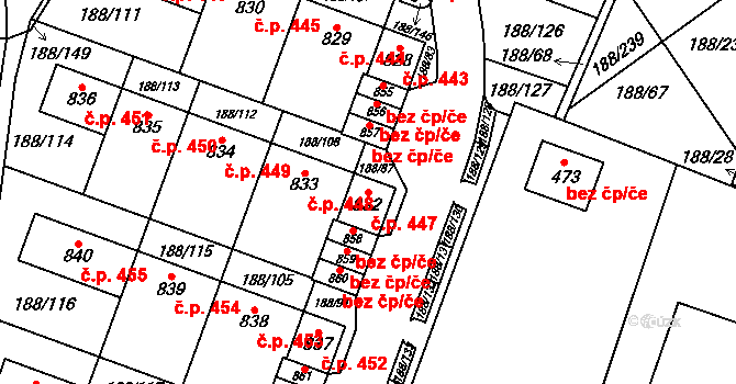 Věkoše 447, Hradec Králové na parcele st. 832 v KÚ Věkoše, Katastrální mapa