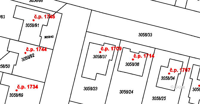 Bystřice nad Pernštejnem 1709 na parcele st. 3058/37 v KÚ Bystřice nad Pernštejnem, Katastrální mapa