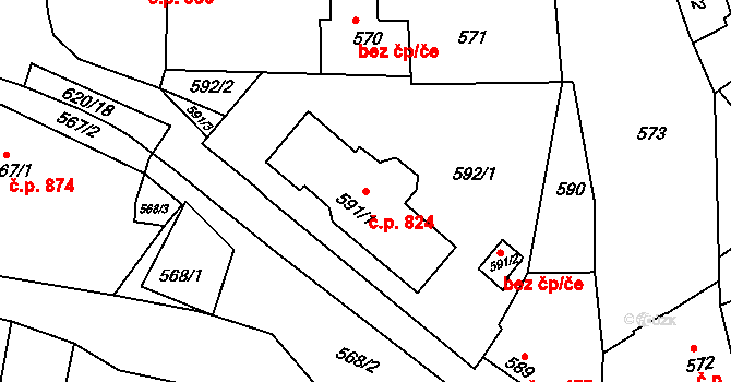 Klobouky u Brna 824 na parcele st. 591/1 v KÚ Klobouky u Brna, Katastrální mapa