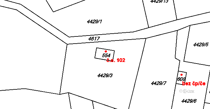 Budišov 102 na parcele st. 554 v KÚ Budišov, Katastrální mapa