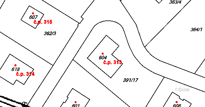Liběchov 313 na parcele st. 604 v KÚ Liběchov, Katastrální mapa