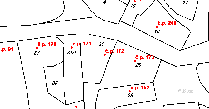 Bystřice nad Pernštejnem 172 na parcele st. 30 v KÚ Bystřice nad Pernštejnem, Katastrální mapa