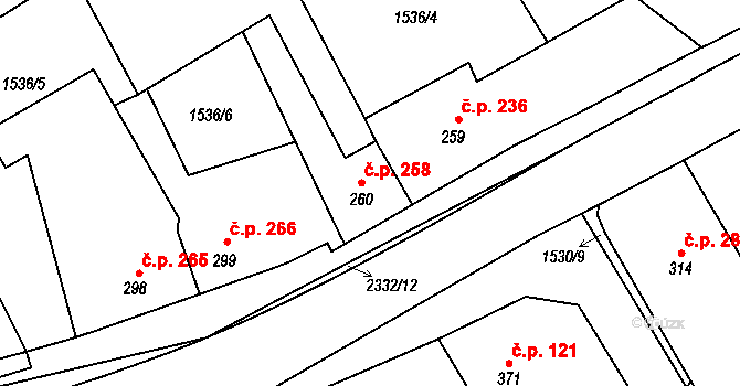 Křižanov 258 na parcele st. 260 v KÚ Křižanov, Katastrální mapa