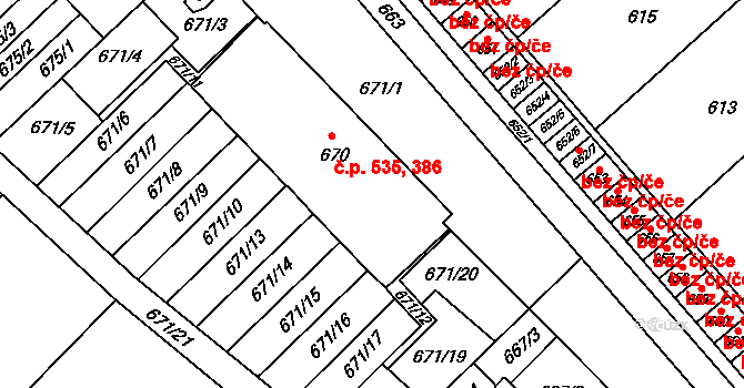 Měřín 386,535 na parcele st. 670 v KÚ Měřín, Katastrální mapa