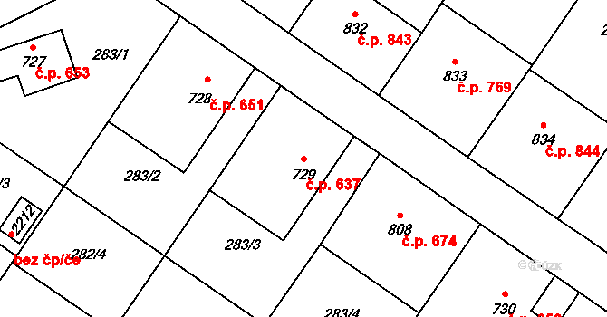 Malenovice 637, Zlín na parcele st. 729 v KÚ Malenovice u Zlína, Katastrální mapa