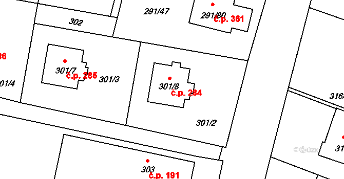 Oldřišov 284 na parcele st. 301/8 v KÚ Oldřišov, Katastrální mapa