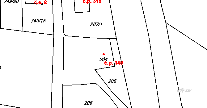 Suché Lazce 145, Opava na parcele st. 204 v KÚ Suché Lazce, Katastrální mapa