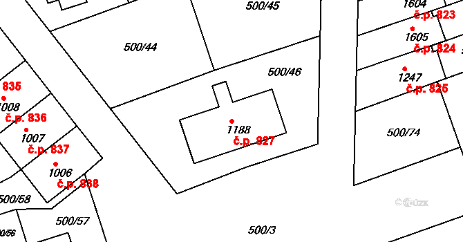 Bojkovice 827 na parcele st. 1188 v KÚ Bojkovice, Katastrální mapa