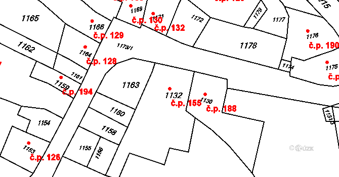 Pustiměř 155 na parcele st. 1132 v KÚ Pustiměř, Katastrální mapa