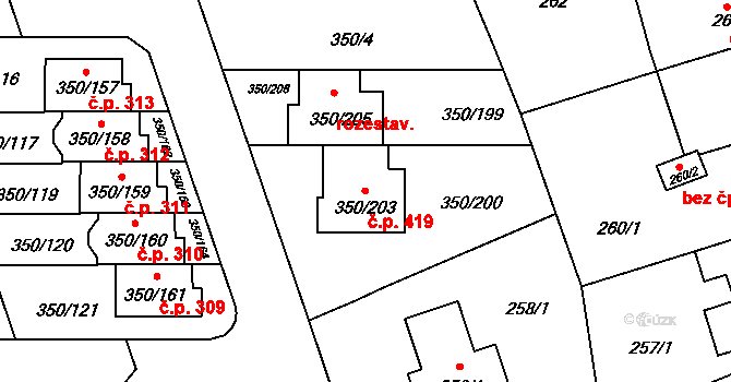 Červený Hrádek 419, Plzeň na parcele st. 350/203 v KÚ Červený Hrádek u Plzně, Katastrální mapa