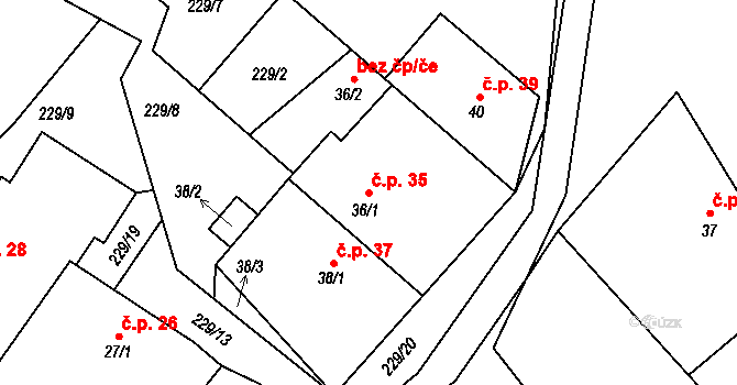 Hošťalovice 35 na parcele st. 36/1 v KÚ Hošťalovice, Katastrální mapa