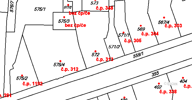 Nýřany 313 na parcele st. 572/1 v KÚ Nýřany, Katastrální mapa