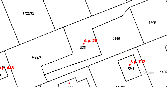 Nučice 25 na parcele st. 523 v KÚ Nučice u Rudné, Katastrální mapa