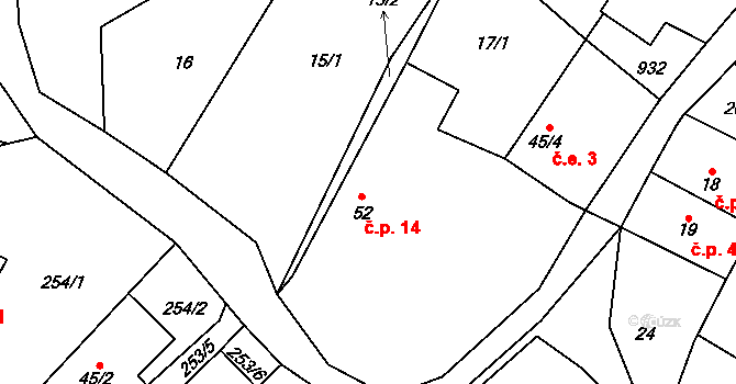 Mokrosuky 14 na parcele st. 52 v KÚ Mokrosuky, Katastrální mapa