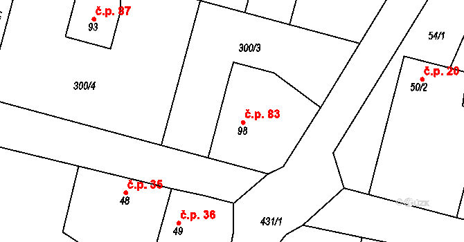 Velichovky 83 na parcele st. 98 v KÚ Velichovky, Katastrální mapa