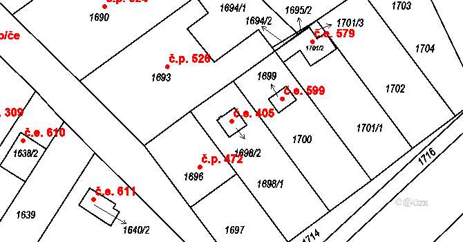 Jedovnice 405 na parcele st. 1698/2 v KÚ Jedovnice, Katastrální mapa