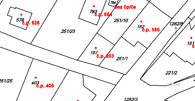 Mořkov 203 na parcele st. 197 v KÚ Mořkov, Katastrální mapa
