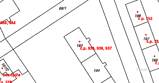 Kopřivnice 935,936,937 na parcele st. 195 v KÚ Kopřivnice, Katastrální mapa