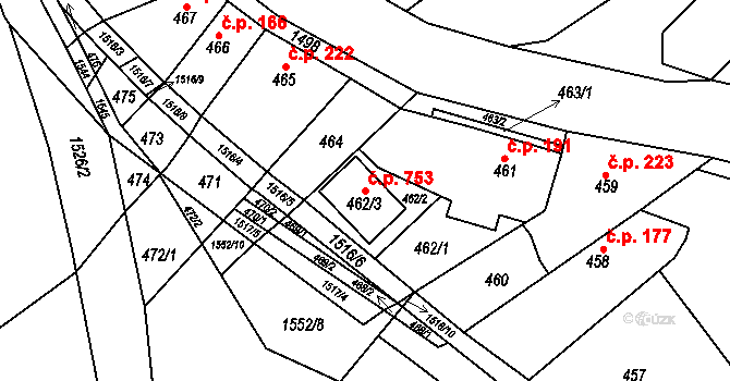 Troubsko 753 na parcele st. 462/3 v KÚ Troubsko, Katastrální mapa