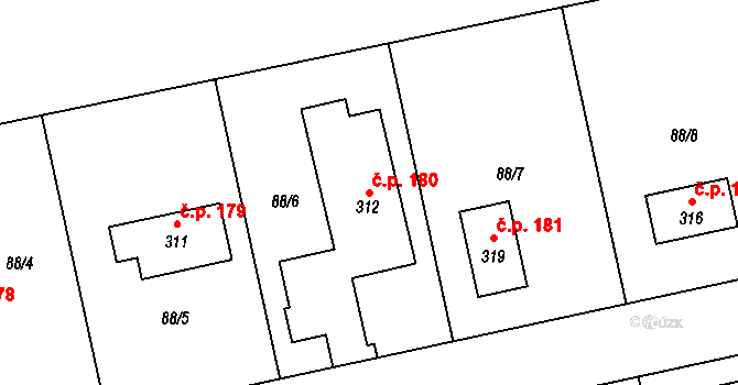 Břežany 180, Lešany na parcele st. 312 v KÚ Břežany u Lešan, Katastrální mapa