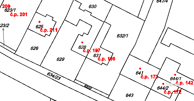 Rychlov 186, Bystřice pod Hostýnem na parcele st. 631 v KÚ Rychlov u Bystřice pod Hostýnem, Katastrální mapa