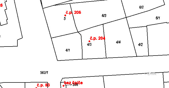 Uhřičice 204 na parcele st. 4/3 v KÚ Uhřičice, Katastrální mapa