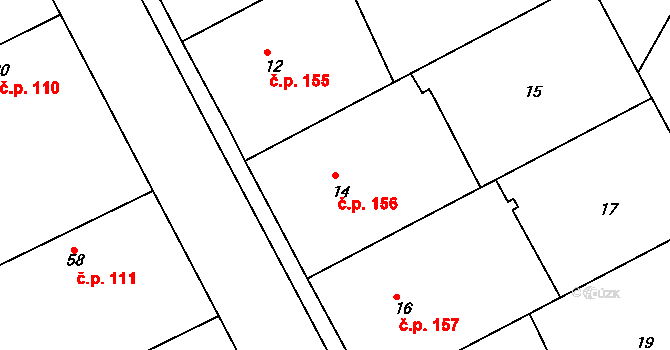 Hlízov 156 na parcele st. 14 v KÚ Hlízov, Katastrální mapa