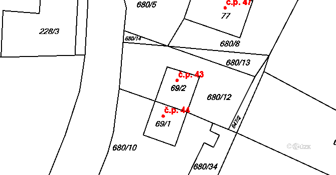 Hranice 43, Slavošov na parcele st. 69/2 v KÚ Hranice u Slavošova, Katastrální mapa
