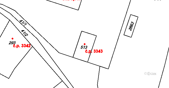 Jihlava 3343 na parcele st. 513 v KÚ Bedřichov u Jihlavy, Katastrální mapa