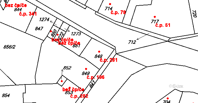 Hřebeč 281 na parcele st. 848 v KÚ Hřebeč, Katastrální mapa