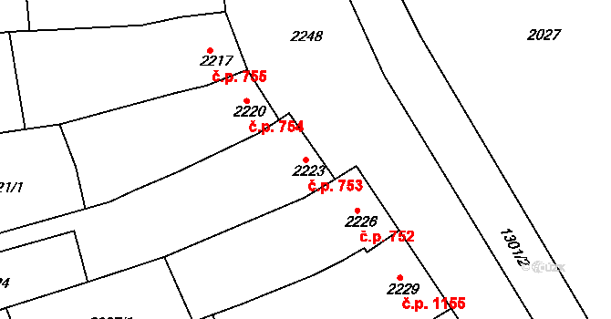 Slavíkovice 753, Rousínov na parcele st. 2223 v KÚ Rousínov u Vyškova, Katastrální mapa