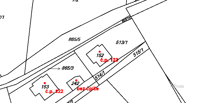 Benecko 123 na parcele st. 152 v KÚ Benecko, Katastrální mapa