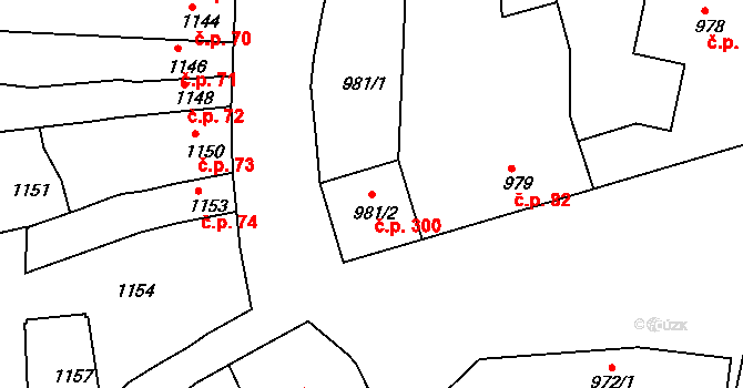 Hulín 300 na parcele st. 981/2 v KÚ Hulín, Katastrální mapa
