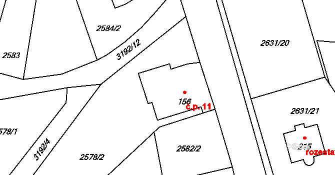 Mokrý Lom 11 na parcele st. 156 v KÚ Mokrý Lom, Katastrální mapa