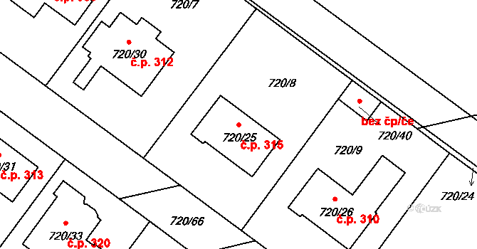 Semice 315 na parcele st. 720/25 v KÚ Semice nad Labem, Katastrální mapa