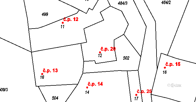 Holušice 20, Sedlice na parcele st. 12 v KÚ Holušice u Mužetic, Katastrální mapa