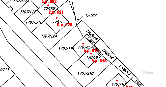 Miřetice u Klášterce nad Ohří 619, Klášterec nad Ohří na parcele st. 1707/8 v KÚ Miřetice u Klášterce nad Ohří, Katastrální mapa