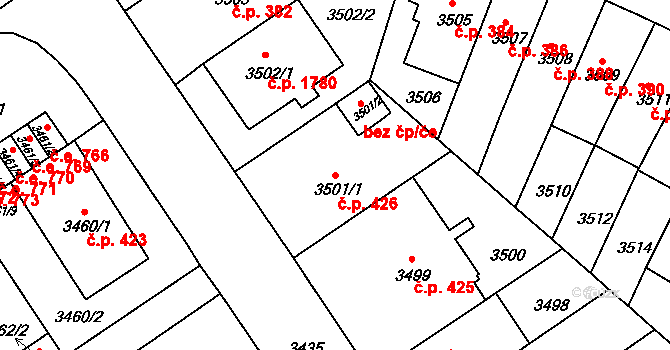 Černá Pole 426, Brno na parcele st. 3501/1 v KÚ Černá Pole, Katastrální mapa
