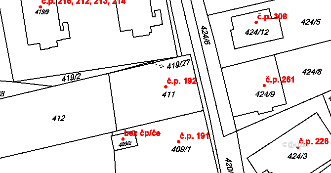 Čekanice 192, Tábor na parcele st. 411 v KÚ Čekanice u Tábora, Katastrální mapa
