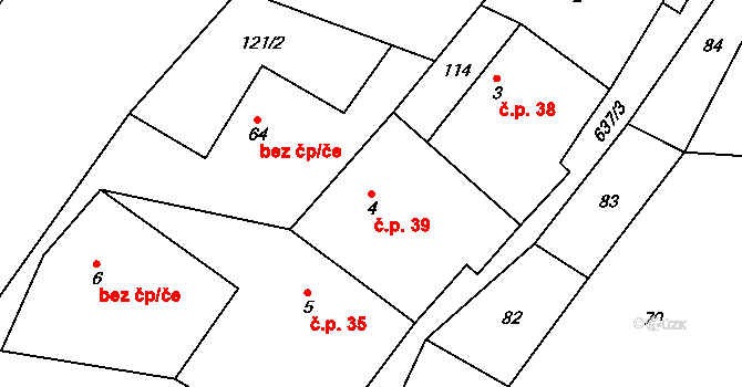 Roubanina 39 na parcele st. 4 v KÚ Roubanina, Katastrální mapa