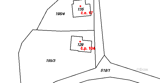 Šindelová 104 na parcele st. 129 v KÚ Šindelová, Katastrální mapa