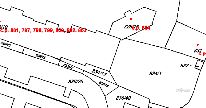 Čimice 797,798,799,800,801,, Praha na parcele st. 834/10 v KÚ Čimice, Katastrální mapa