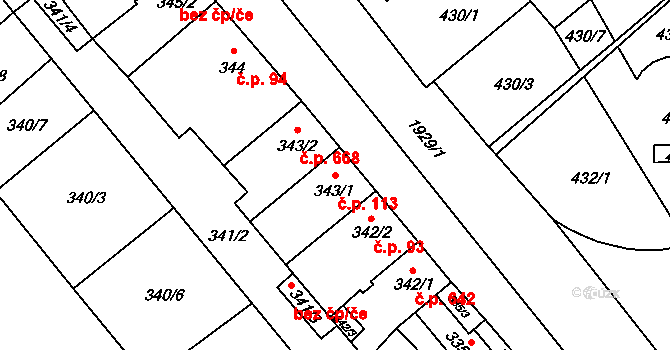 Zbýšov 113 na parcele st. 343/1 v KÚ Zbýšov u Oslavan, Katastrální mapa