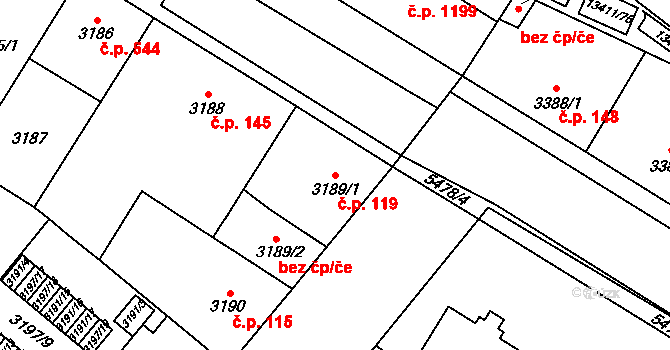 Lobzy 119, Plzeň na parcele st. 3189/1 v KÚ Plzeň, Katastrální mapa