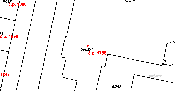Jižní Předměstí 1736, Plzeň na parcele st. 6908/1 v KÚ Plzeň, Katastrální mapa