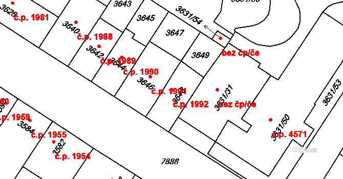 Prostějov 1992 na parcele st. 3648 v KÚ Prostějov, Katastrální mapa