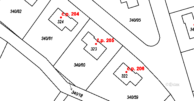 Zlončice 205 na parcele st. 323 v KÚ Zlončice, Katastrální mapa