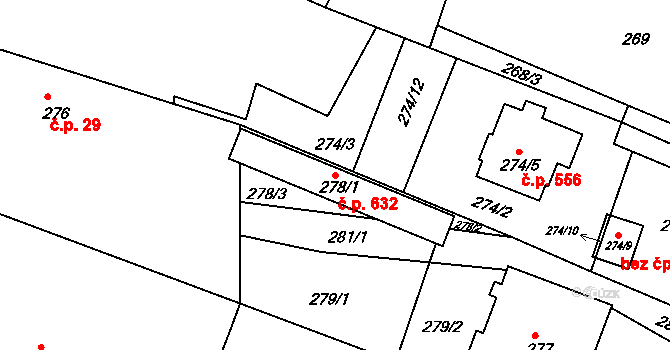 Krásné Pole 632, Ostrava na parcele st. 278/1 v KÚ Krásné Pole, Katastrální mapa