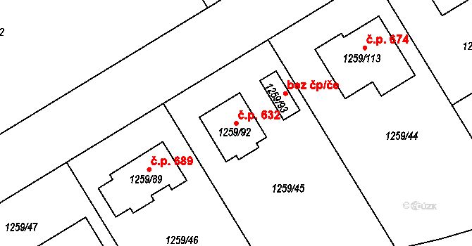 Proboštov 632 na parcele st. 1259/92 v KÚ Proboštov u Teplic, Katastrální mapa